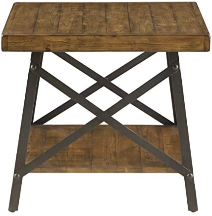 Emerald Home Chandler Rustic Wood End Table with Solid Wood Top, Metal Base, And Open Storage Shelf