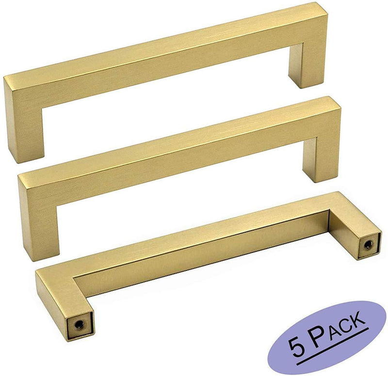 goldenwarm Gold Cabinet Pulls Square Kitchen Hardware Handles 10 Pack - LSJ12GD160 Brushed Brass Pulls for Cabinets Closet Square Cupboard Bathroom Desk Door Knobs 6-1/4in(160mm) Hole Centers