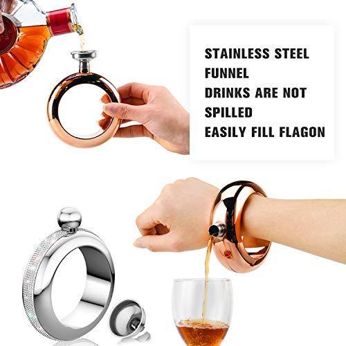 BOKIN Bracelet Bangle Flask 304 Stainless Steel Wine/Alcohol Wrist Flasket with Handmade Rhinestone Lid, Funnel in Gift Box For Women Girls Dance Birthday Party Club Bar 3.5oz Silver