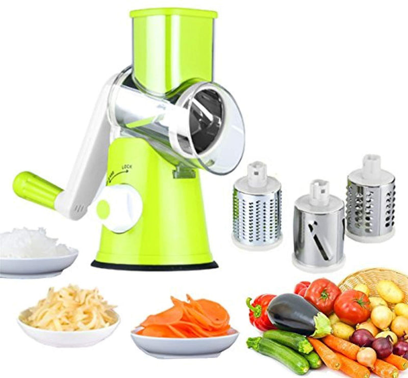 Edofiy E-KW-D020 Manual Speedy Rotared Vegetable Fruit Cheese Nut Slicer Cutter Shredder Grinder with 3 Interchangeable Round Stainless Steel Blades, Large, Green