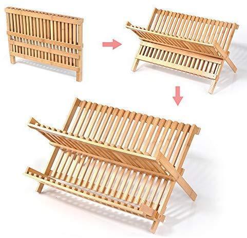 Bamboo Dish Drying Rack, SZUAH Collapsible Dish Drainer, Foldable Dish Rack Bamboo Plate Rack, By 100% Natural Bamboo (17.5" x 13" x 9.6")