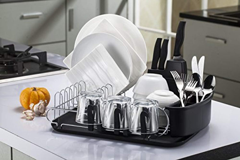 Professional Dish Drying Rack by CaliKitched - 304 Stainless Steel No Corrosion - Built Tough (Dimensions 17" x 12" x 5") - Knife, Utensil and Cup Holders Included