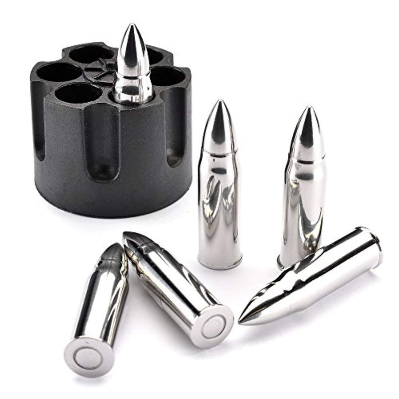 WHISKEY BULLET STONES WITH BASE - XL, 2.5" Original Extra Large Bullet-Shaped Whiskey Chillers, Unique Revolver Freezer Base, Set of 6, Gift for Whisky, Bourbon, Scotch Lovers, Groomsmen, Military by Indoor Tactics