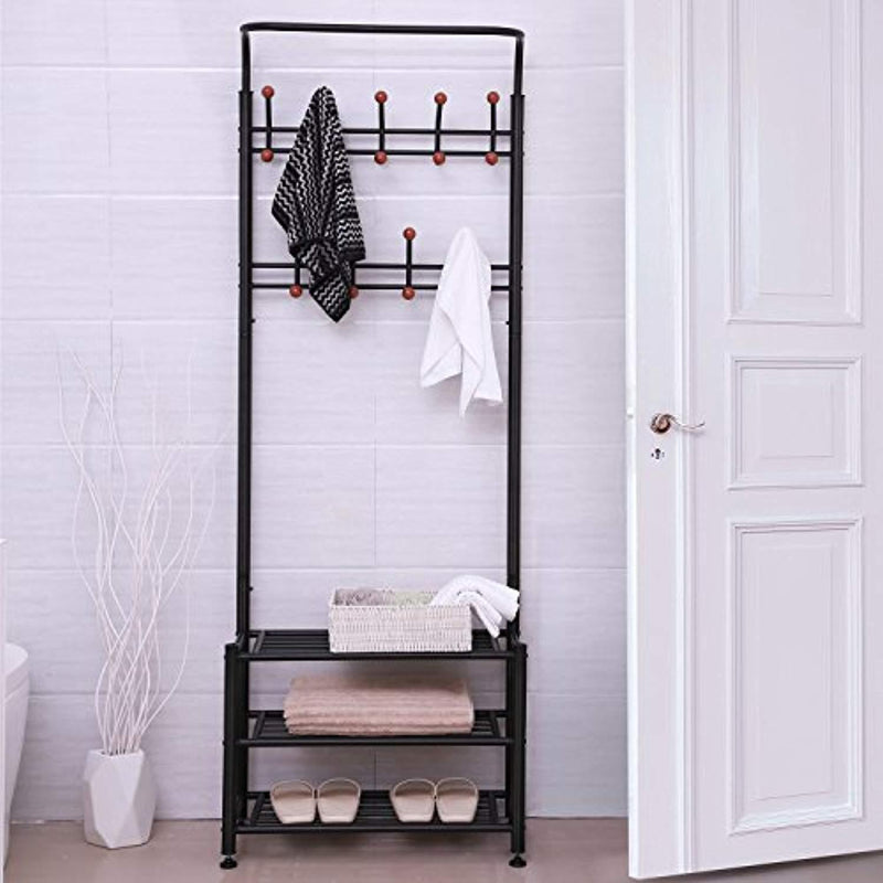 SONGMICS Heavy Duty 18 Hooks Coat Rack with 3-Tier Shoe Rack Shelves for Entryway Metal Black URCR67B