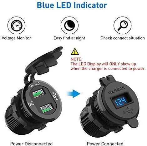 Quick Charge 3.0 Car Charger, CHGeek 12V/24V 36W Aluminum Waterproof Dual QC3.0 USB Fast Charger Socket Power Outlet with LED Digital Voltmeter for Marine, Boat, Motorcycle, Truck, Golf Cart and More