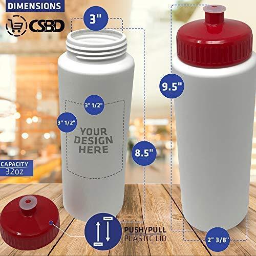 CSBD 32oz Sports Water Bottles, 4 Pack, Reusable No BPA Plastic, Pull Top Leakproof Drink Spout, Blank DIY Customization for Business Branding, Fundraises, or Fitness