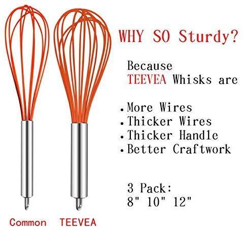 TEEVEA (Upgraded) 3 Pack Very Sturdy Kitchen Silicone Whisk Balloon Wire Whisk Set Egg Beater for Blending Whisking Beating Stirring Cooking Baking