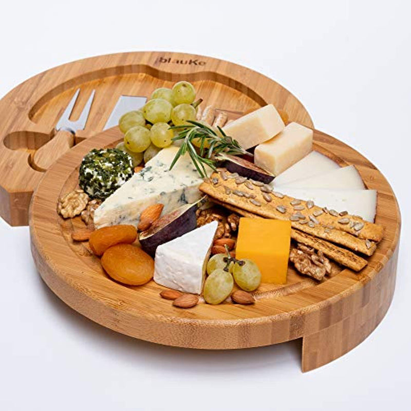 Bamboo Cheese Board with Cutlery Set - Bamboo Cheese Board Set with Slide Out Drawer - Bamboo Cheese Board and Knife Set (4 Cheese Knives Included) by blauKe