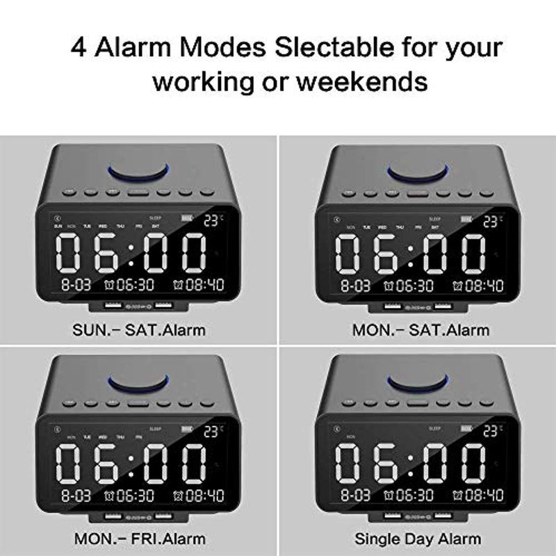 SROCKER Alarm Clock FM Radio,with Wireless Bluetooth Player,USB Fast Charge Port, TF Card Play,LED Display, Dual Alarm, Indoor Temperature/Day/Date Display,Nap/Sleep Timer for Bedroom (Black)