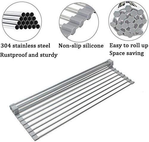 Miligore Dish Drying Rack Over The Sink Roll Up Stainless Steel Silicone Coated Multipurpose Foldable Kitchen Dish Drainer Rack 17.8" x 11.3" (Black)