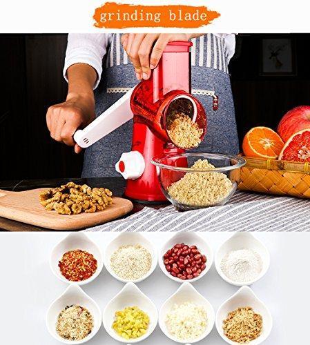 Vegetable Mandoline Chopper,Upintek 3-Blades Manual Vegetable Slicer,Efficient and Fast Vegetable Fruit Cutter Cheese Shredder, Speedy Rotary Drum Grater Slicer with Strong-Hold Suction Cup(Red)