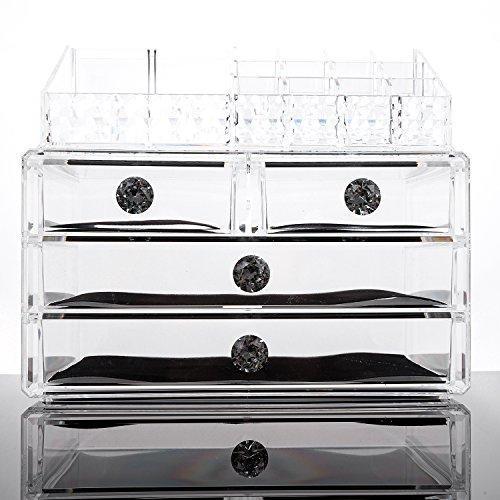 SANNO Acrylic Clear Make Up Organiser Cosmetic Storage Box Display Makeup Case, 20 Sections with 4 Drawers, Diamond Drawer Handle