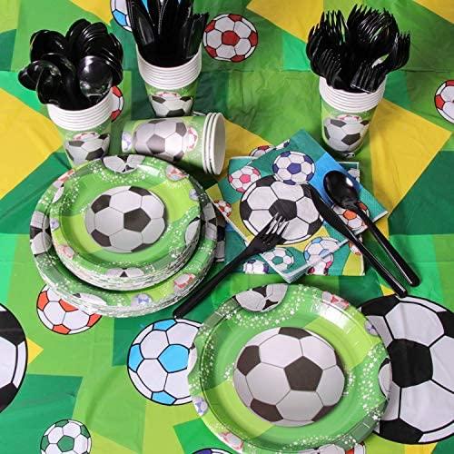 Duocute Soccer Party Supplies 177PCS Sports Theme Children Birthday Disposable Dinnerware Set Includes Plates, 12oz Cups, Napkins, Spoons, Forks, Knives, Tablecloth and Banner, Serves 25