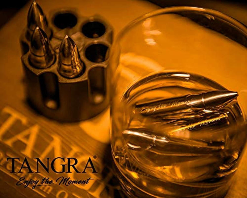 WHISKEY STONES EXTRA LARGE 6 LASER ENGRAVED STAINLESS STEEL BULLETS with Revolver Barrel Base. Reusable Chilling Rocks Stone Ice Cubes Chillers Cool Gift Set for Men Father Dad or Military by TANGRA