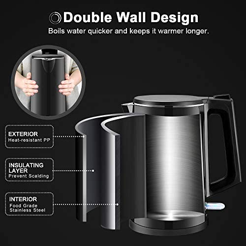 Secura SWK-1511 The Original Stainless Steel Double Wall Electric Water Kettle 1.6 Quart (Black)