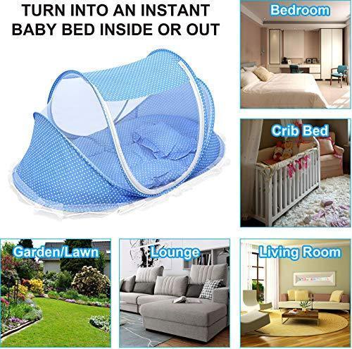 GPCT Foldable Baby Mosquito Travel Net Tent. Includes Mosquito Tent, Pillow, Mattress, Music Box, Mesh Bag. Keeps Insects Out. Portable Sun Shelters Infant Toddlers Children Beach Travel Crib- Blue