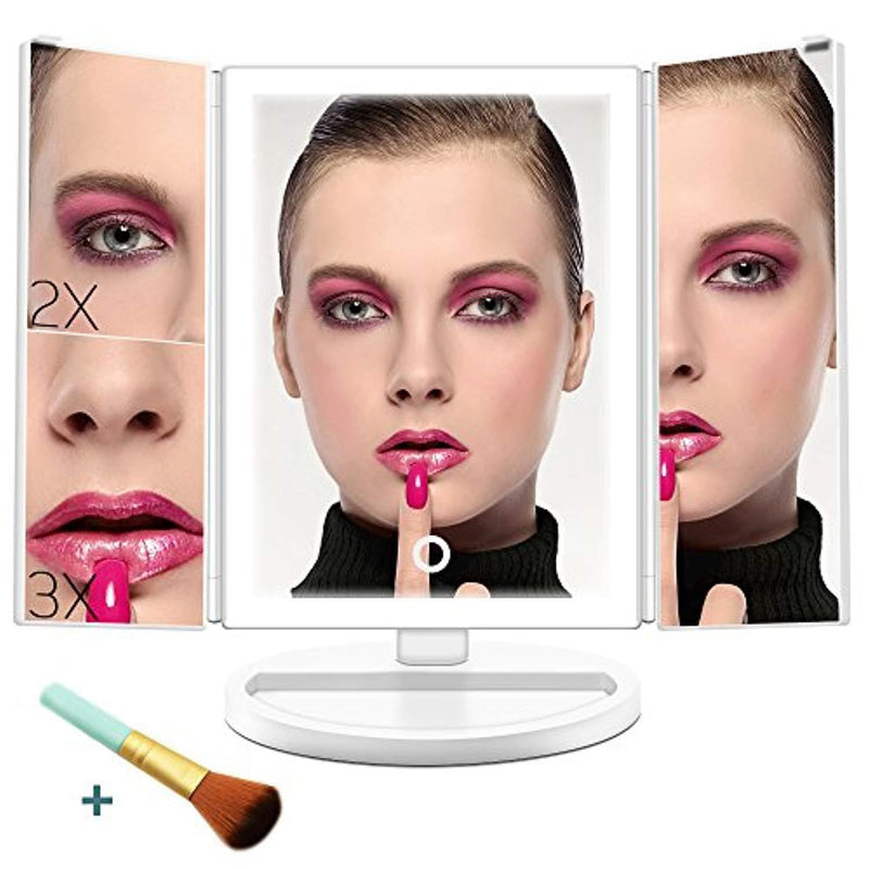 Mckbane Trifold Lighted Vanity Makeup Mirror, 3X/2X/1X Magnification Mirror with 4 Sides 38 Led Lights Touch Screen 180°Adjustable Rotation Dual Power Supply Countertop Mirror