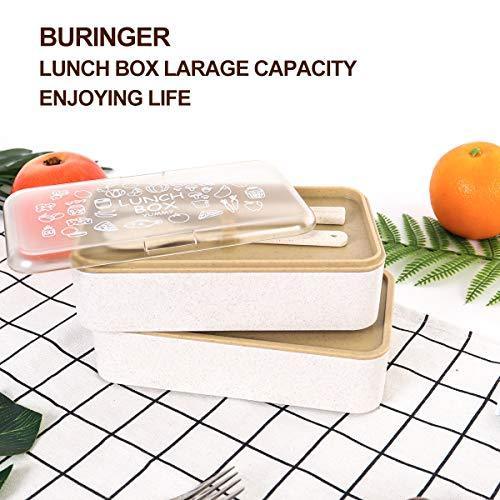 Buringer Lunch Bento Box Food Storage 2 Square Containers for Adults School Work Wheat Grass BPA Free Leak Proof with Chopsticks and Spoon (Long Khaki)