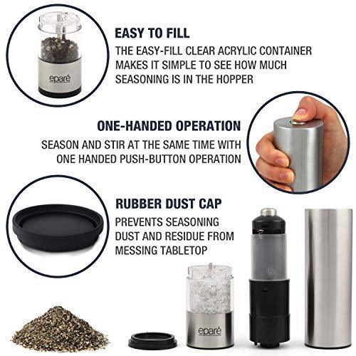 Eparé Salt or Pepper Grinder, Adjustable Ceramic Mill for Pink Himalayan Sea Salts & Black Peppercorns – Battery Powered Steel Electric Spice Shaker – LED Light