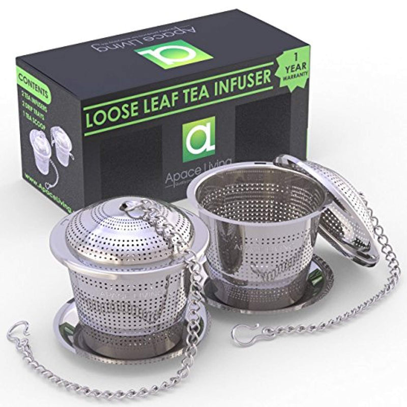 Apace Loose Leaf Tea Infuser (Set of 2) Tea Scoop Drip Tray - Ultra Fine Stainless Steel Strainer & Steeper a Superior Brewing Experience … (Medium, Silver)