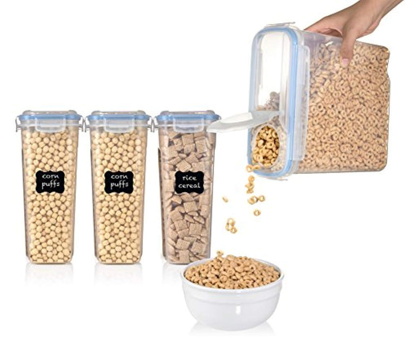 Set of 4 Cereal & Dry Food Storage Container (16.9 Cup/135.2oz) + FREE Chalkboard Labels and Marker - Airtight Lid - Suitable For Cereal, Flour, Sugar, Coffee, Rice, Snacks,