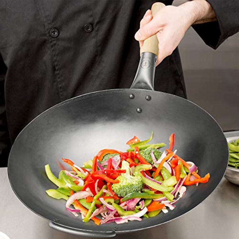 Pow Wok Stir Fry Pan - Hand Hammered Carbon Steel (14 inch, Round Bottom)