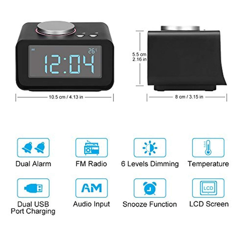 YISSVIC Digital Alarm Clock with 3.2” Display FM Radio AUX-in Speaker Indoor Thermometer 2 USB Charger Port Snooze and Dual Alarm for Bedroom Black (3.2'')