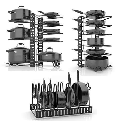 SKATCO Pot Organizer Rack – Metal Pots & Pans Organizer – Pantry & Kitchen Cabinet Organizer – Heavy Duty Lids, Dishes, Pots and Pans Organizer – Horizontal & Vertical Pan Rack with 3 Use Methods