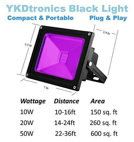 UV LED Black Light, YKDtronics Indoor/Outdoor 20W UV LED Flood Light, Ultra Violet LED Flood Light for Neon Glow, Blacklight Party, Stage Lighting, Fluorescent Effect, Glow in The Dark and Curing