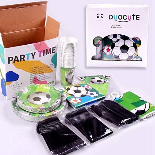 Duocute Soccer Party Supplies 177PCS Sports Theme Children Birthday Disposable Dinnerware Set Includes Plates, 12oz Cups, Napkins, Spoons, Forks, Knives, Tablecloth and Banner, Serves 25