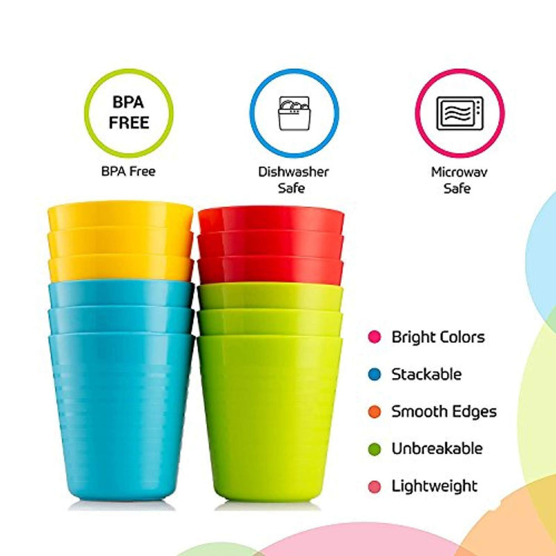 Plaskidy Kids Cups, Set of 12 Kids Plastic Cups, 8 oz Plastic Cups, Unbreakable, Reusable Cups, Dishwasher Safe, BPA-Free, Great Cups for Kids Bright Colored Kids Tumblers