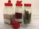 Spice Jars - 16 oz. clear plastic spice containers with shaker red two sided flip tops lids shaking sifter spoon caps - 6 sets - plus 2 mini spoons and 6 White indicating labels