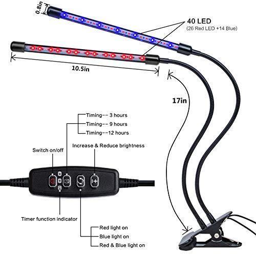 Povida Dual Head Plant Light, LED grow lights for indoor plants, 3/9/12 H Timer, 9 Dimmable Levels, 3 Switch Modes, 20W 40 LED, 360 Degree Adjustable Gooseneck Lights & Free Adapter, Red/Blue Spectrum