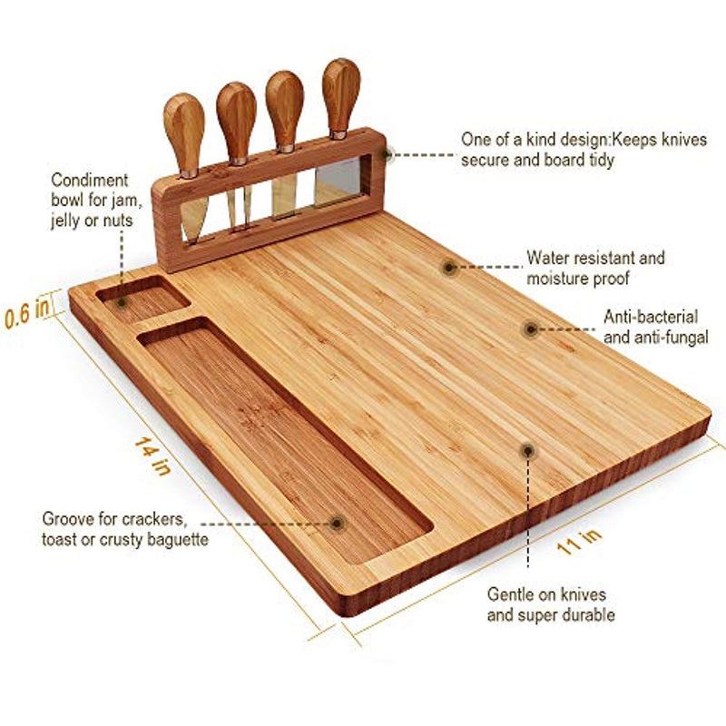 Bamboo Cheese Board Set, Charcuterie Platter and Serving Meat Board Including 4 Stainless Steel Knife and Serving Utensils, Unique Gifts for Christmas Wedding Birthday Anniversary(14''x11'')