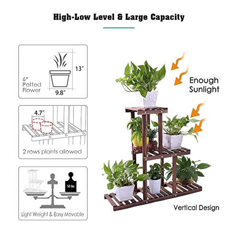 Ufine Wood Plant Stand Outdoor Indoor 3 Tier Vertical Carbonized Multiple Planter Holder Flower Ladder Stair Shelf Garden Balcony Patio Corner Pot Display Storage Rack (Space SavingLight Weight)