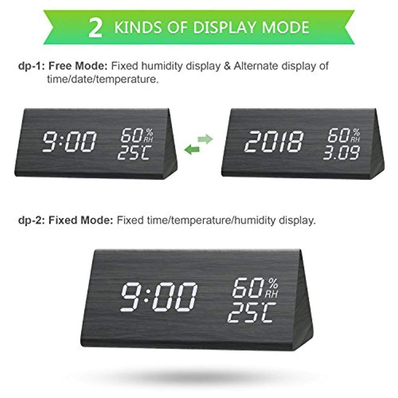 Digital Alarm Clock, Dual Time (12/24) Mode, Three Alarm Sets, Date LED Display, 3 Levels Brightness, Temperature and Humidity Wood Grain Clock for Bedrooms