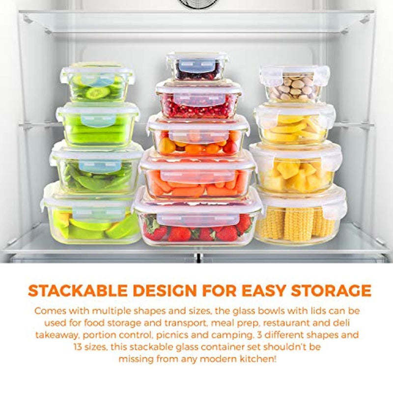 Glass Food Storage Containers [13-piece set] - Meal Prep Leakproof Container With Airtight Snap On Lids - Microwave, Oven, Freezer, Dishwasher Safe. Best For Kitchen, Lunch & Pantry - BPA Free