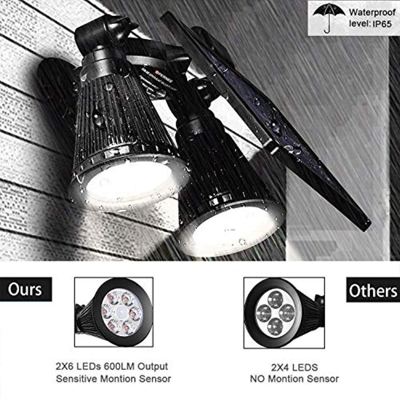 Solar Spotlight, OPERNEE Upgraded Motion Sensor Solar Lights 12 LED 600LM Solar Powered Dual Head Outdoor Security Lights for Patio Porch Deck Yard Garden Garage Driveway Outsides Wall