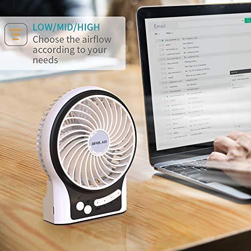 OPOLAR Mini Portable Battery Operated Travel Fan with 3-13 Battery Life, Rechargeable & USB powered Handheld Fan for Desk Beach Camping, 3 Speeds, Strong Airflow, Internal Blue Light& Side Flash Light