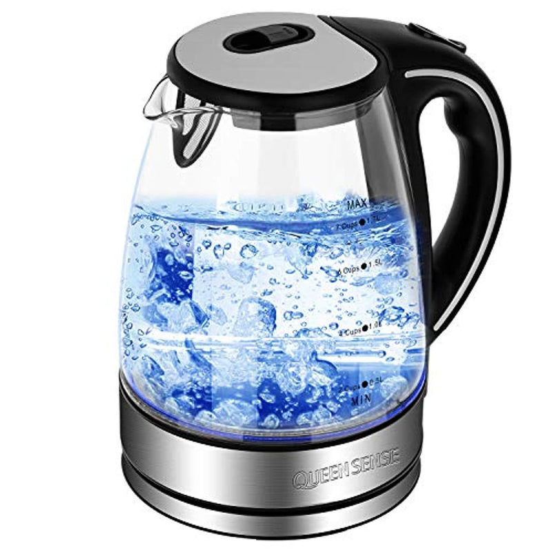 Queen Sense Electric Kettle, 1500W 1.8 Quarts Fast Boiling Glass Water Boiler with LED Indicator Cordless BPA-Free Borosilicate Tea Pot Auto Shut-Off Clear