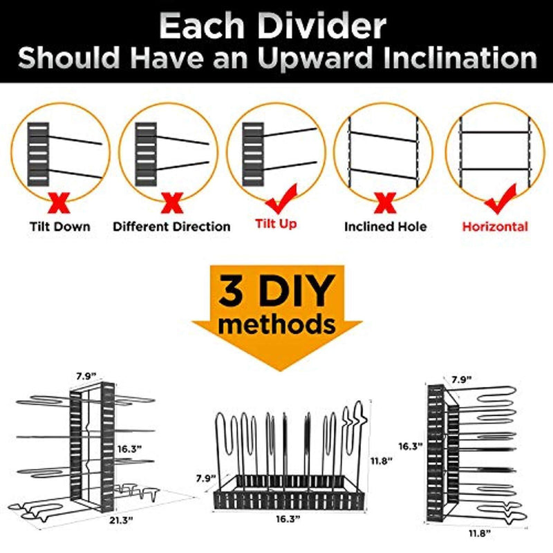 Pot Rack Organizer, 3 DIY Methods, Height and Position are Adjustable 8+ Pots Holder, Black Metal Kitchen Cabinet Pantry Pot Lid Holder
