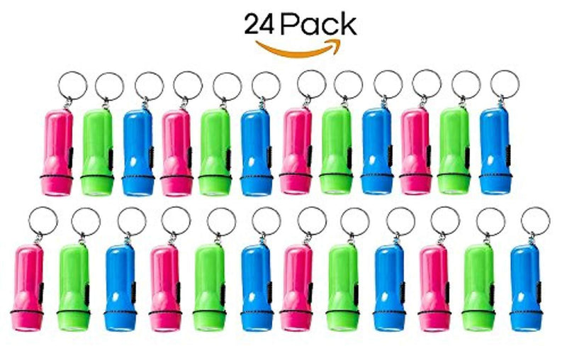 Mini Flashlight Keychain - 24 Pack Assorted Colors, Green, Light Blue and Pink, Batteries Included - for Kids, Party Favor, Goody Bag Filler, Gift, Prize, Pocket Size, Chain for Key.