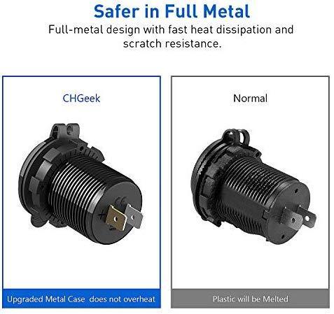 Quick Charge 3.0 Car Charger, CHGeek 12V/24V 36W Aluminum Waterproof Dual QC3.0 USB Fast Charger Socket Power Outlet with LED Digital Voltmeter for Marine, Boat, Motorcycle, Truck, Golf Cart and More
