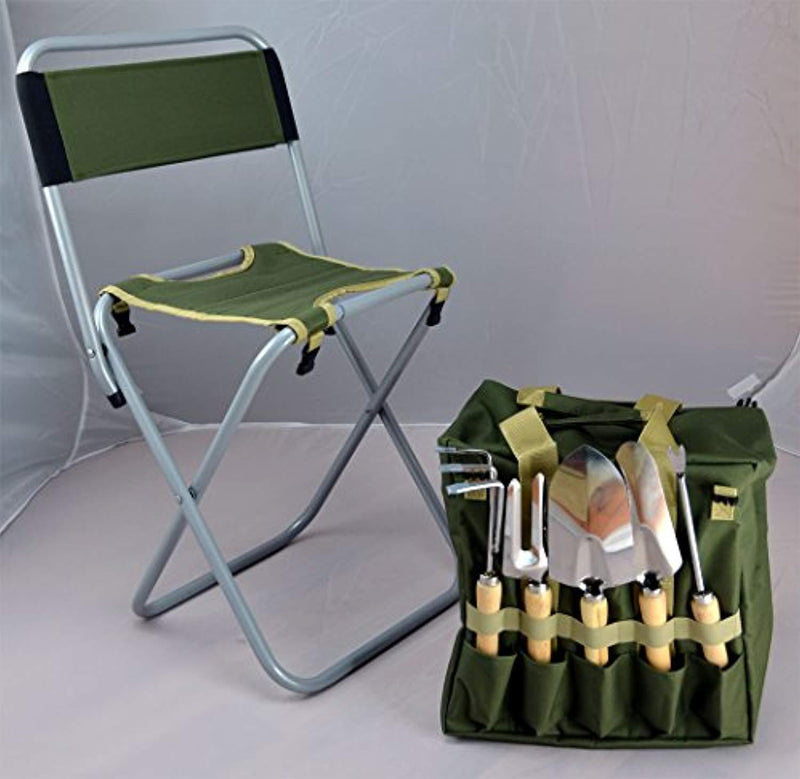 10-piece Gardening Tool Set with Zippered Detachable Tote and Folding Stool Seat with Backrest