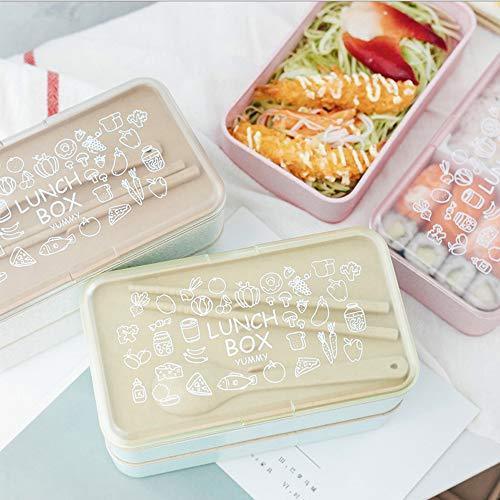 Buringer Lunch Bento Box Food Storage 2 Square Containers for Adults School Work Wheat Grass BPA Free Leak Proof with Chopsticks and Spoon (Long Khaki)