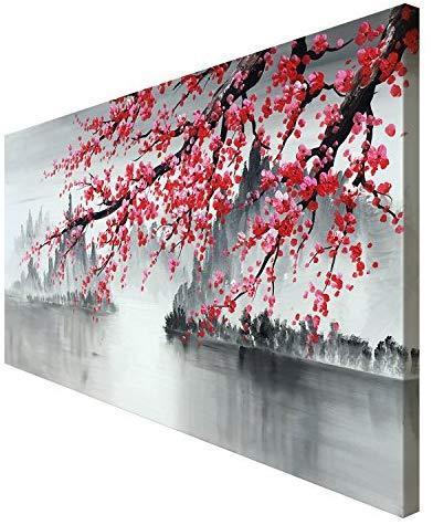 Traditional Chinese Painting Hand Painted Plum Blossom Canvas Wall Art Modern Black and White Landscape Oil Painting for Living Room Bedroom Office Decoration (48x24 inch)