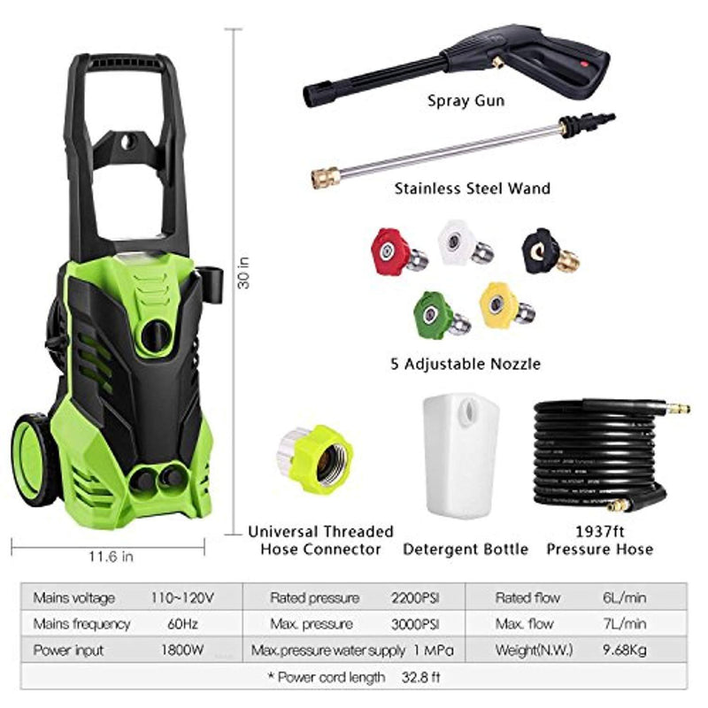 Oanon NIC4500 High Pressure Power Washer 3000 PSI Electric Pressure Washer,1800W Rolling Wheels High Pressure Professional Washer Cleaner Machine+ (5) Nozzle Adapter (3000PSI-Classic Model)