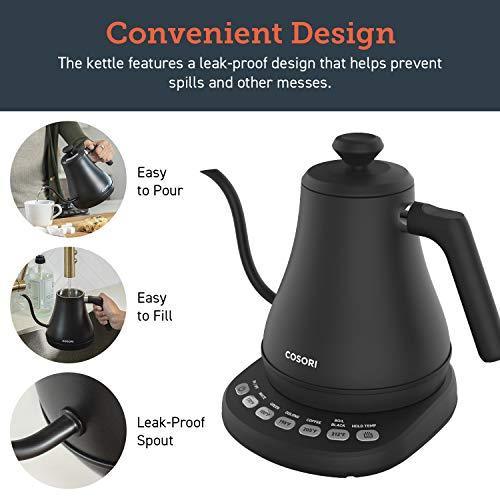 COSORI Electric Gooseneck Kettle with 5 Variable Presets, Pour Over Coffee Kettle & Tea Kettle, 100% Stainless Steel Inner Lid & Bottom, 1200 Watt Quick Heating, 0.8L, Matte Black