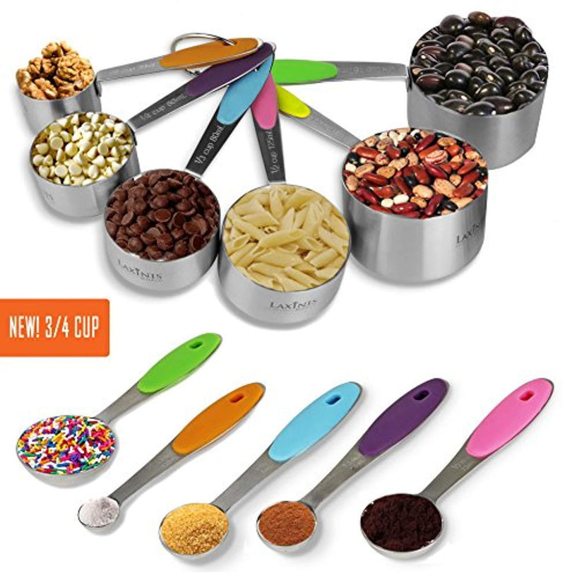 New Version 11 Piece Measuring Set By Laxinis World | Sturdy Stainless Steel Stackable 6 Measuring Cups and 5 Measuring Spoons With Soft Silicone Handles To Measure Dry and Liquid Ingredients