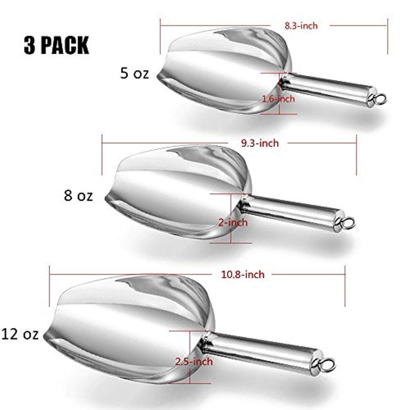 P&P CHEF Ice Scoop Set of 3,Stainless Steel Utility Scoops for Dry Food Candy Coffee Bean Flour Cereal Popcorn, Mirror Finish & Easy Clean - 5/8/12 Ounce